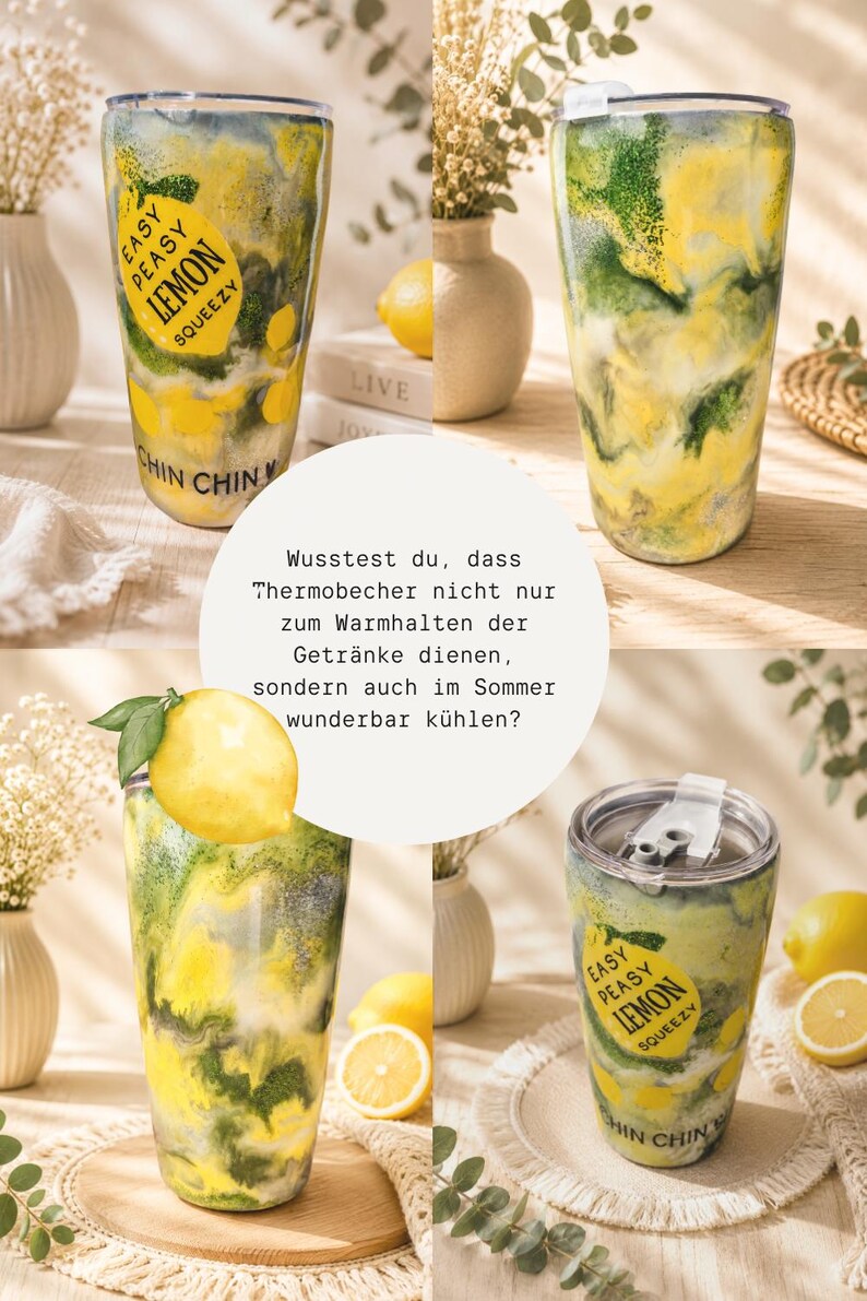 Premium Thermobecher "Sommer-Zitrone" (600ml) – Handgemachtes Pastell-Unikat 🍋