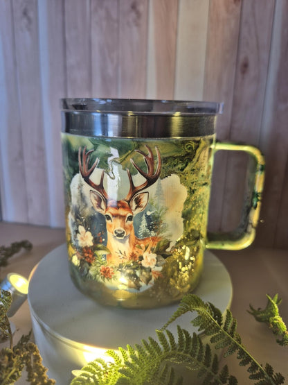 Premium Thermobecher "Herbstwald" – Handgemachtes Hirsch-Unikat in Grün 🦌
