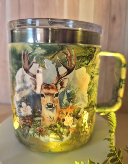 Premium Thermobecher "Herbstwald" – Handgemachtes Hirsch-Unikat in Grün 🦌