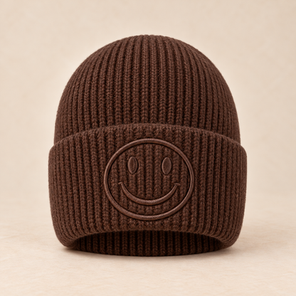 Smiley Strickmütze Damen – Kuschelige Wintermütze mit Smiley-Stickerei | Verschiedene Farben